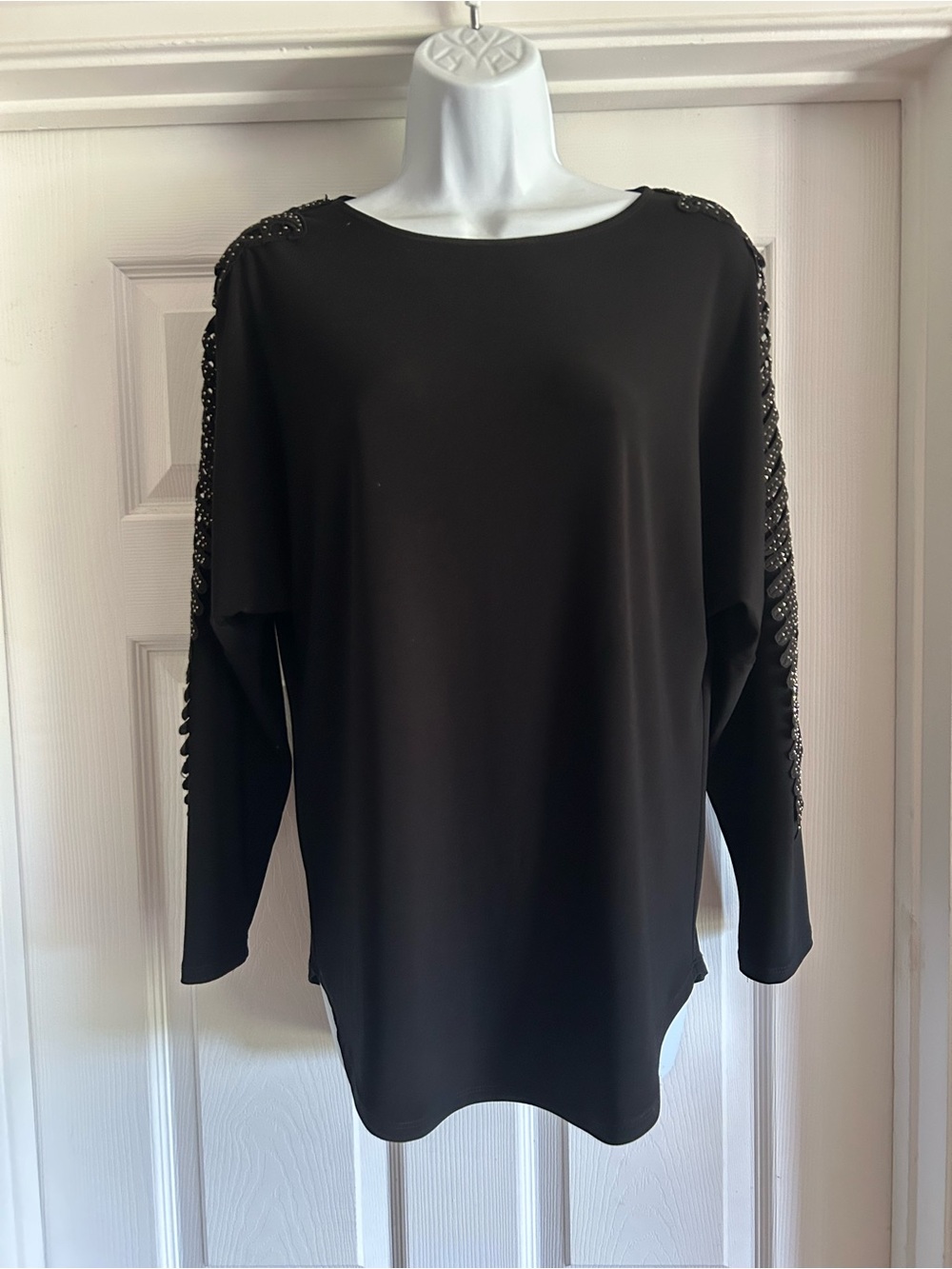 Joseph Ribkoff Black Long-Sleeve Top with Beaded Sleeve Detail